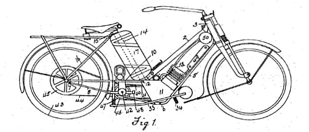 Патентный чертеж на первую раму Scott в 1908 году (двигатель был запатентован в 1904 году).