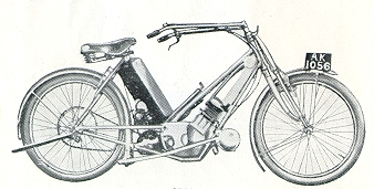 Патентный чертеж на первую раму Scott в 1908 году (двигатель был запатентован в 1904 году).